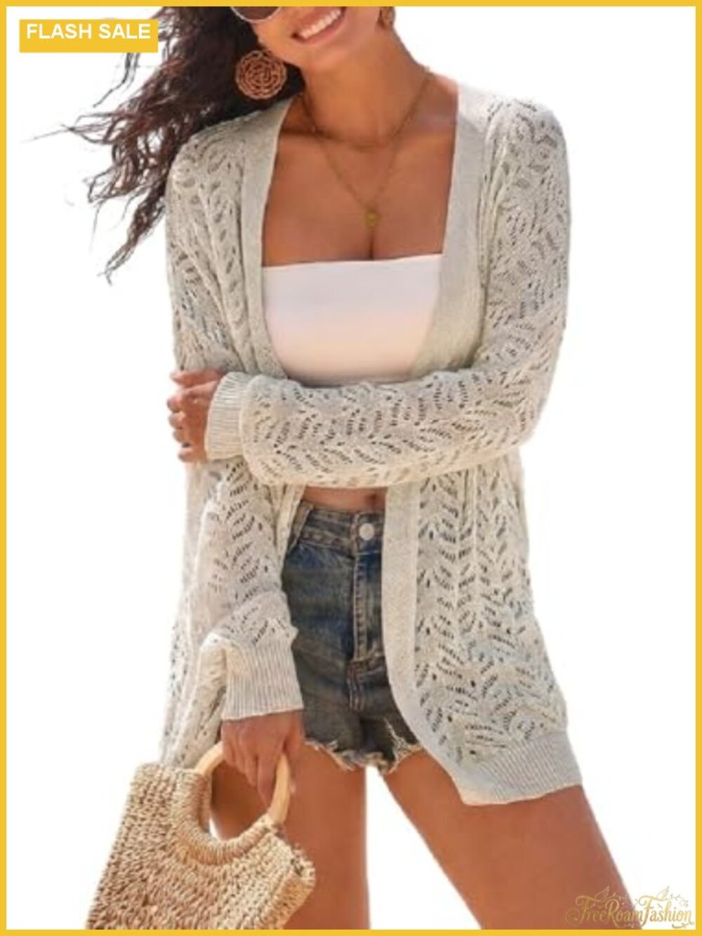 Lightweight Linen Blend Crochet Cardigan Open Front V-Neck Women's